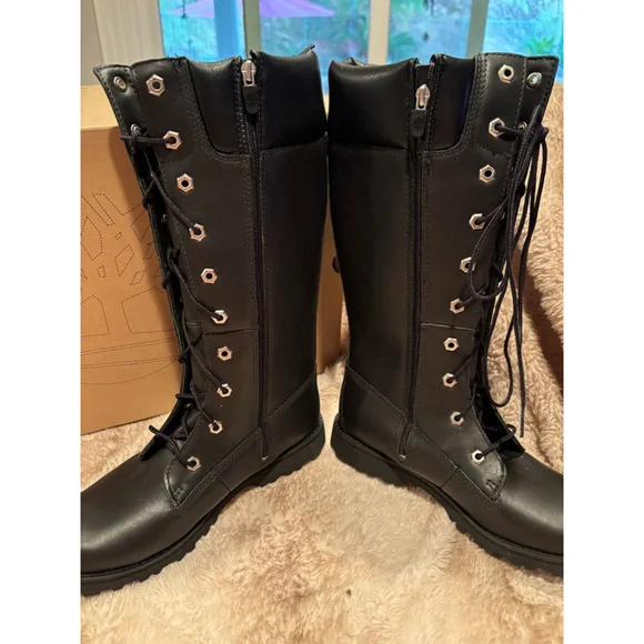 Women's Timberland Tall Boots Size 6.5 Black Leather Lace Up (youth 4.5) - Picture 3 of 8